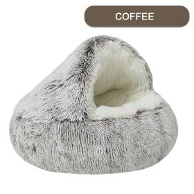 Luxurious Plush Round Cat Bed Cat Bed Round Soft Plush Burrowing Cave Hooded Cat Bed Donut For Dogs Cats - Semi-Enclosed For Cozy Warmth (Color: Coffee, size: 40cm)